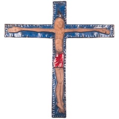 Large Wall Cross, Blue, Red Painted Ceramic, Handmade in Belgium, 1970s