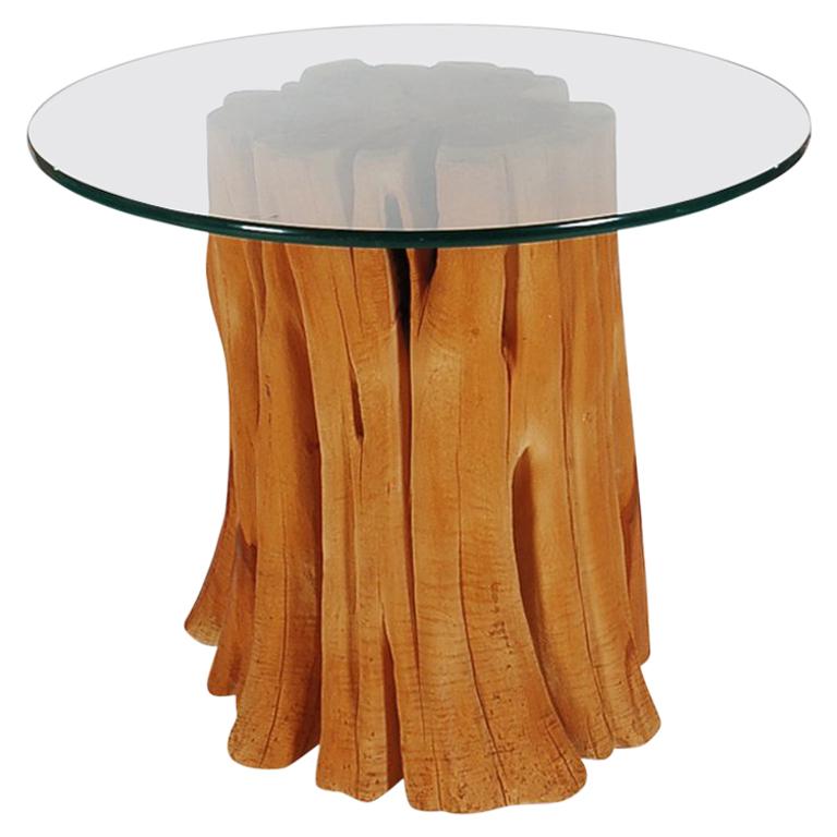 Organic Mid-Century Modern Cypress Wood and Round Glass Dining Table