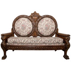 Antique Late 19th Century Ornately Carved Oak Settee