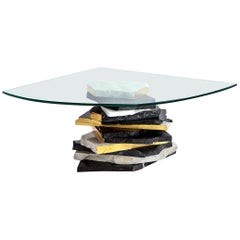FOUND Coffee Table with Glass Top and Marble Base with Golf Leaf Detail