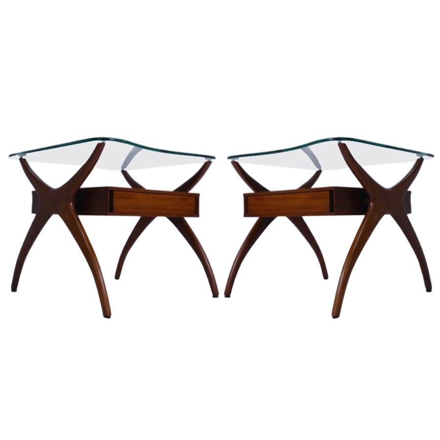Midcentury Pair of Sculptural Walnut and Glass End Tables