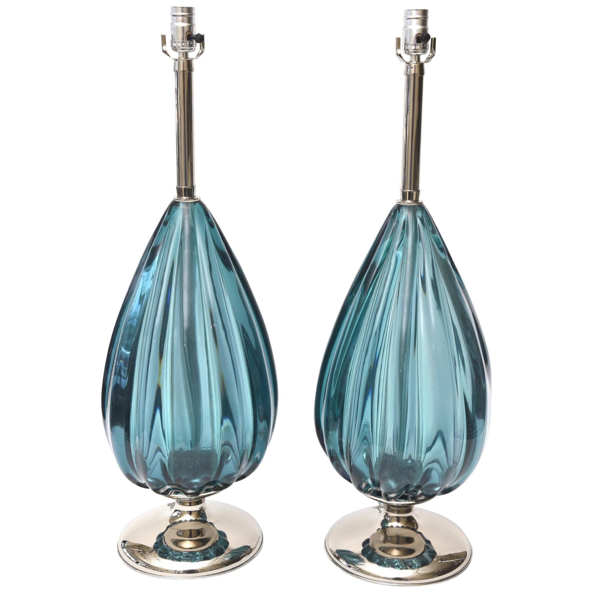  Murano Archimede Seguso Sapphire Glass and Nickel Silver Lamps Pair Of