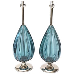  Murano Archimede Seguso Sapphire Glass and Nickel Silver Lamps Pair Of