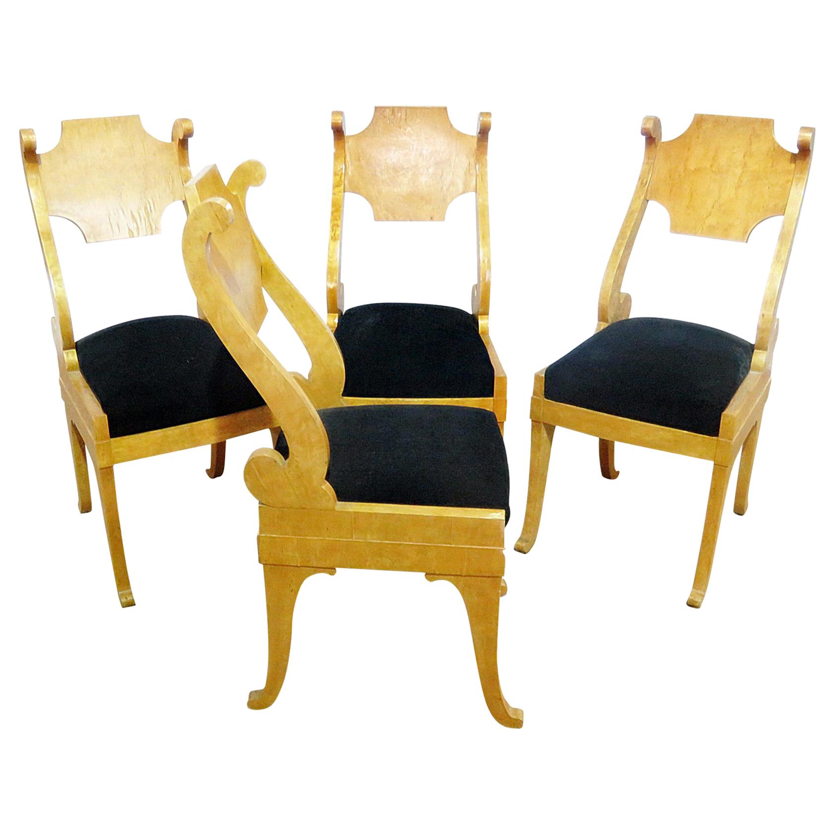 Set of Four Antique Biedermeier Figured Birch Side Dining Chairs C1900 For Sale