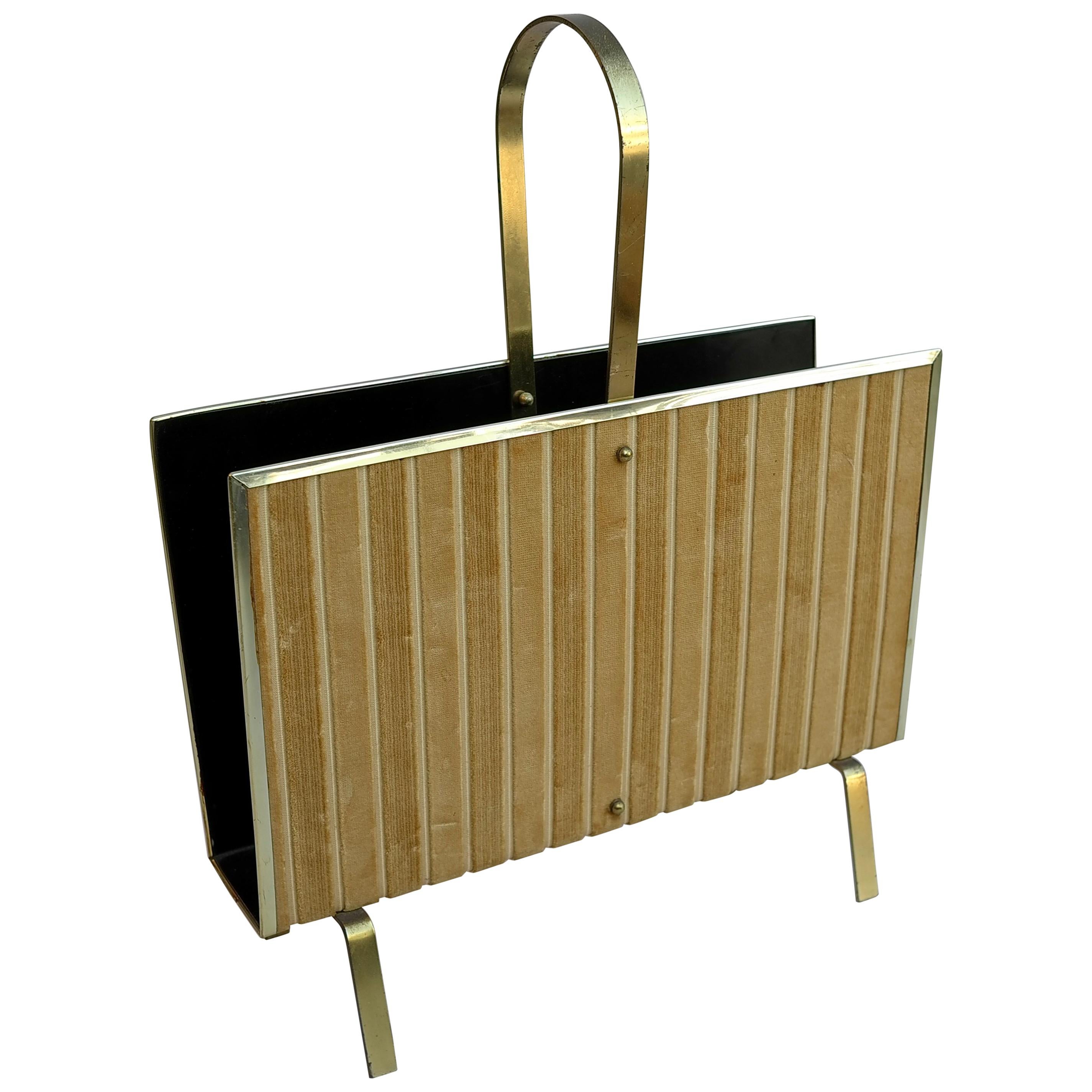 Velvet and Brass Magazine Rack, Italy, 1950s