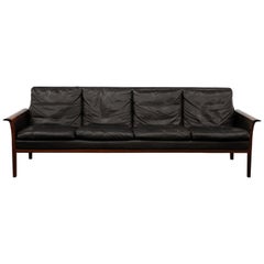 Four-Seat Sofa in Rosewood and Black Leather by Hans Olsen for Vatne, Norway