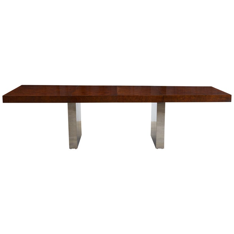 Milo Baughman Burl Wood Chrome Extension Dining Table
