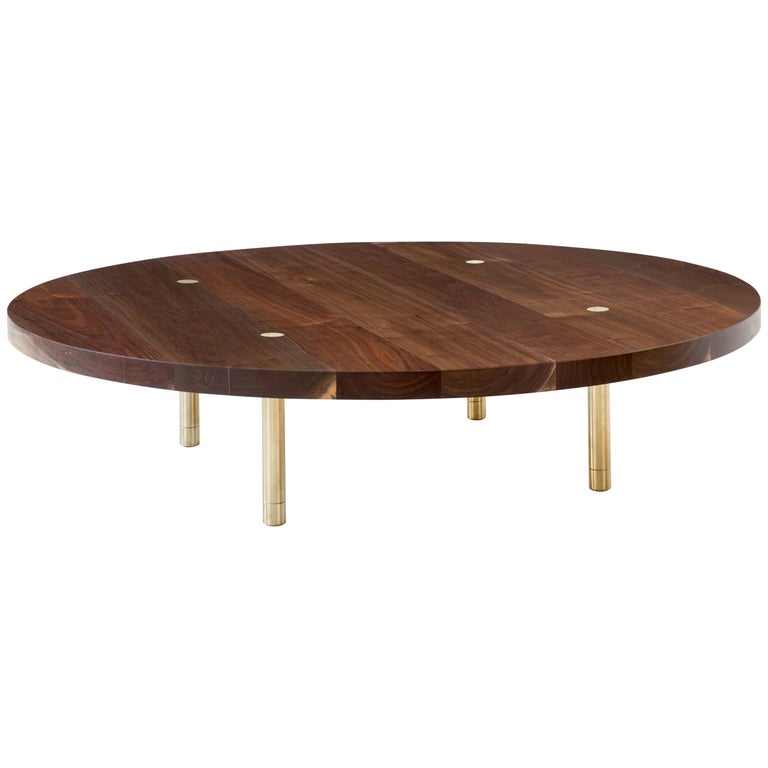 Contemporary Wood Strata Coffee Table in Walnut and Brass by Fort Standard For Sale