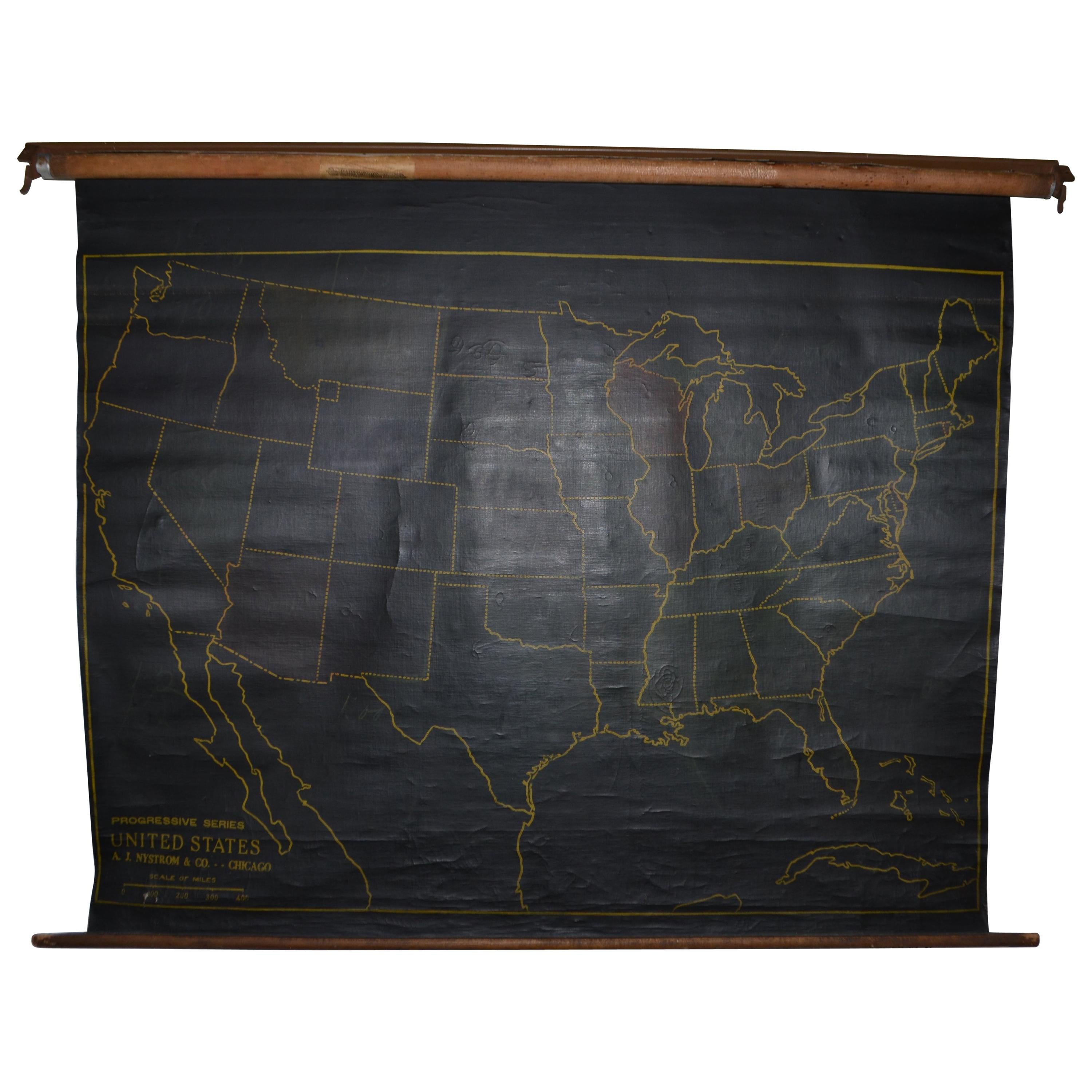 Map of United States, Early 1900s, with Chalkboard Canvas on Retractable Roller For Sale