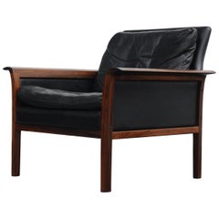 Black Leather and Rosewood Modern Lounge Chair by Hans Olsen for Vatne Møbler