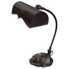 Antique Highly Decorative & Artistic Table Desk Lamp w Bronze Frog Sculpture & Butterfly