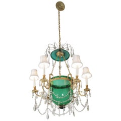 Antique Elegant Gilt Bronze and Emerald Green Glass Chandelier