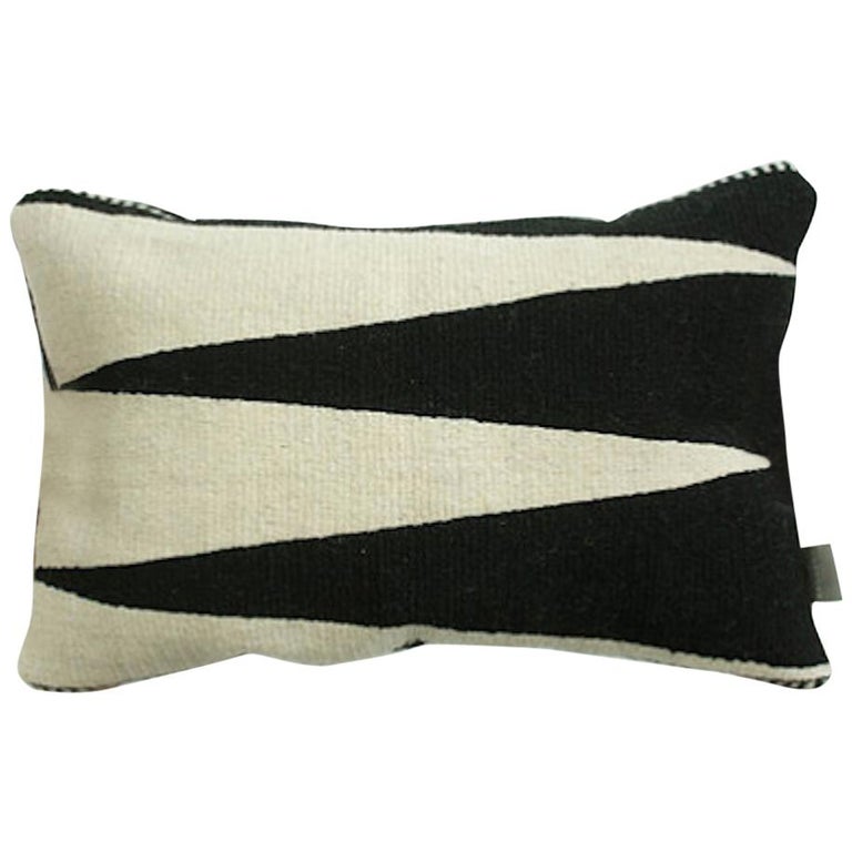 Handwoven Wool Modern Organic Throw Pillow in Black and White Geometry For Sale