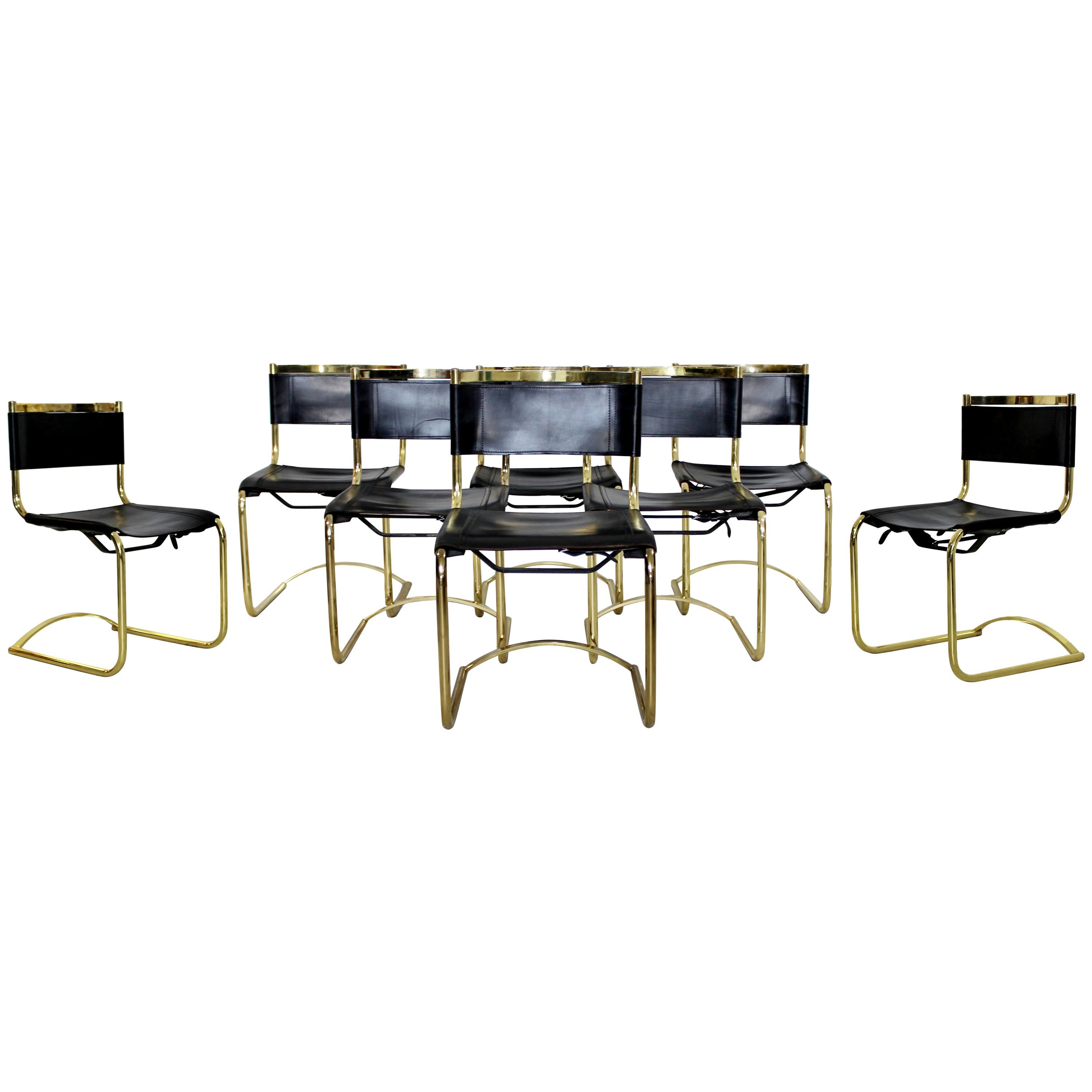 Mid-Century Modern 8 Brass Black Leather Side Dining Chairs Breuer Mies Era