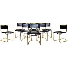 Mid-Century Modern 8 Brass Black Leather Side Dining Chairs Breuer Mies Era