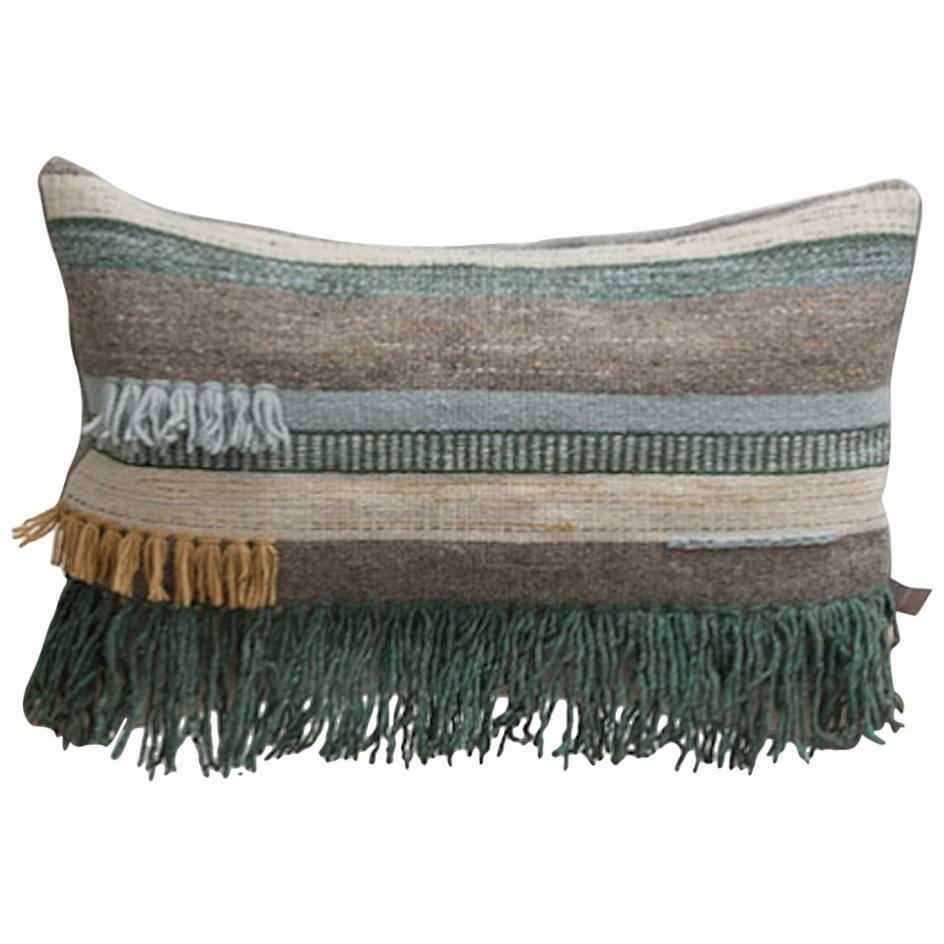 Handwoven New Boho Wool Throw Pillow in Ochre and Indigo with Fringe