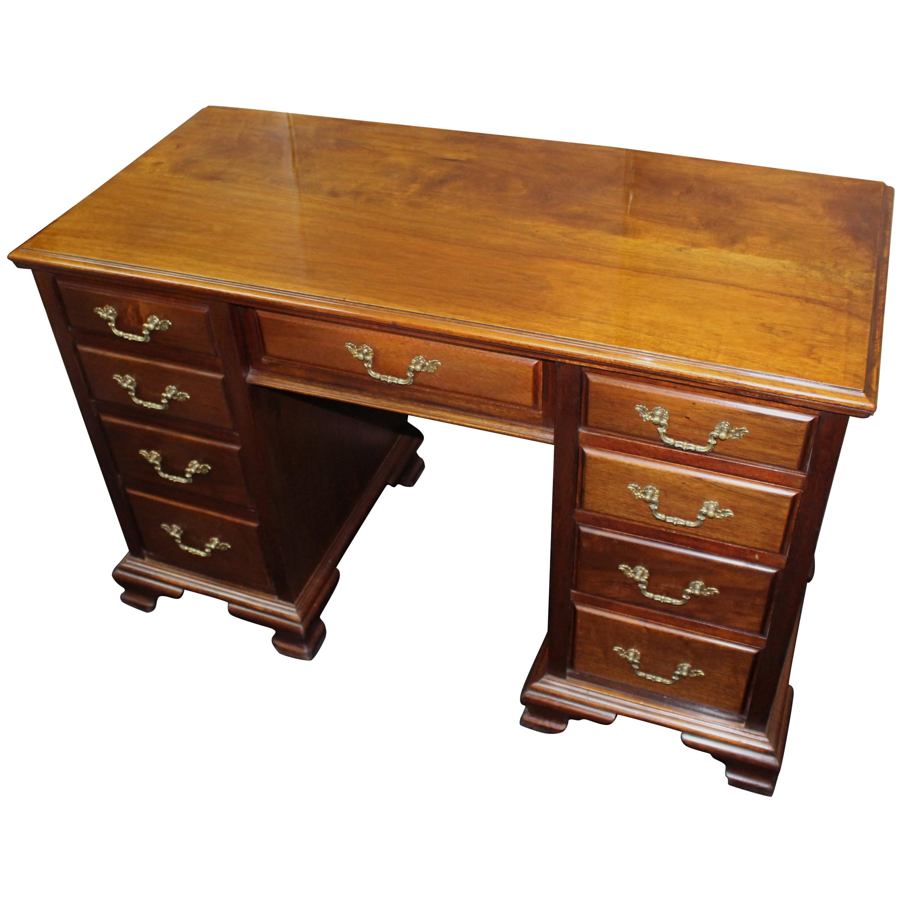 Quality Edwardian Walnut Pedestal Desk with Brass Handles For Sale