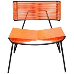 Handmade Midcentury Style Outdoor Lounge Chair, Charcoal with Coral PVC in Stock