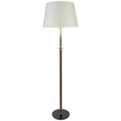 1950s Brown Leather and Brass Floor Lamp, in the Manner of Jacques Adnet