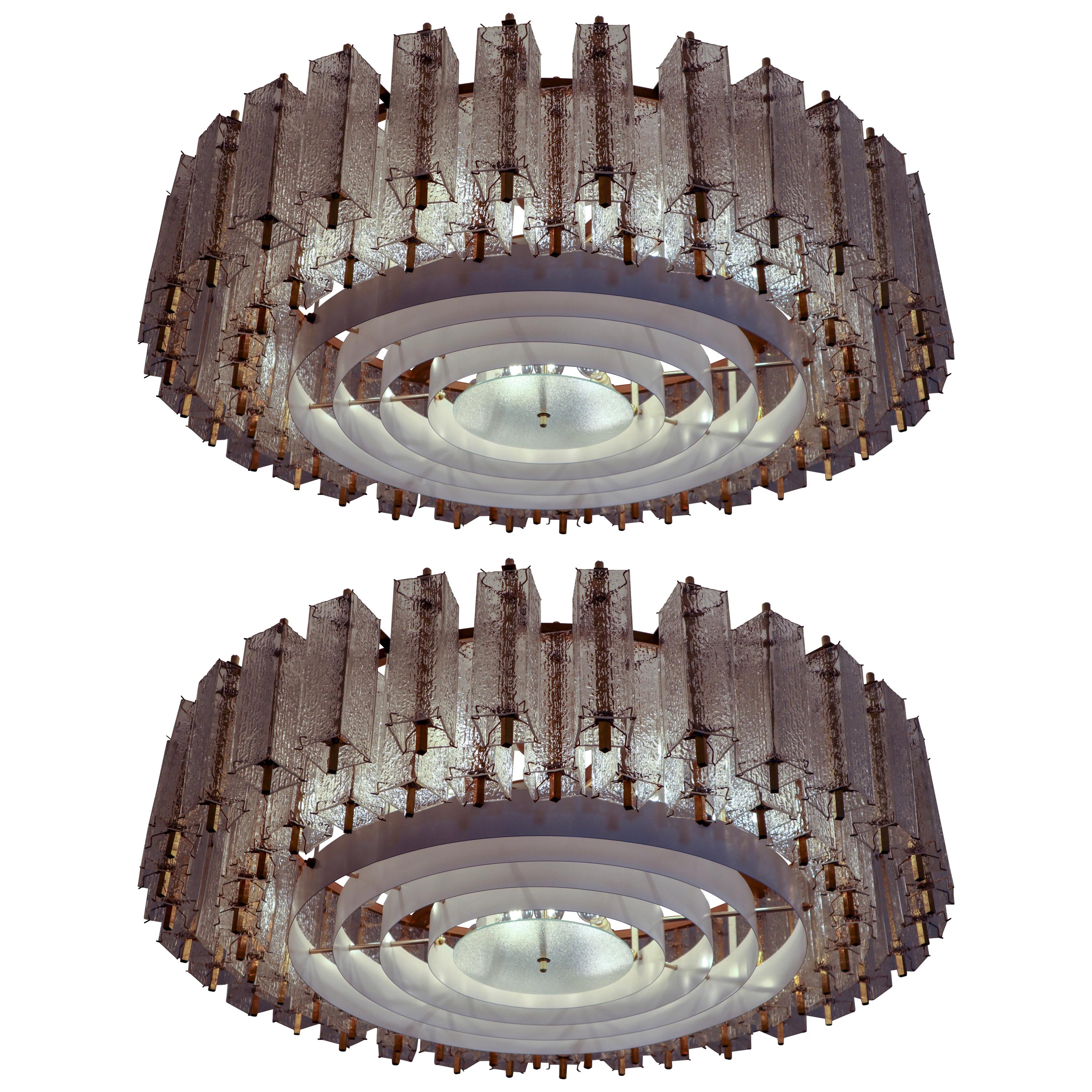 Three Extra Large Midcentury Chandeliers in Structured Glass and Brass, Europe