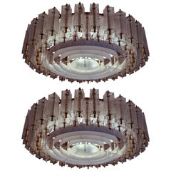 Three Extra Large Midcentury Chandeliers in Structured Glass and Brass, Europe