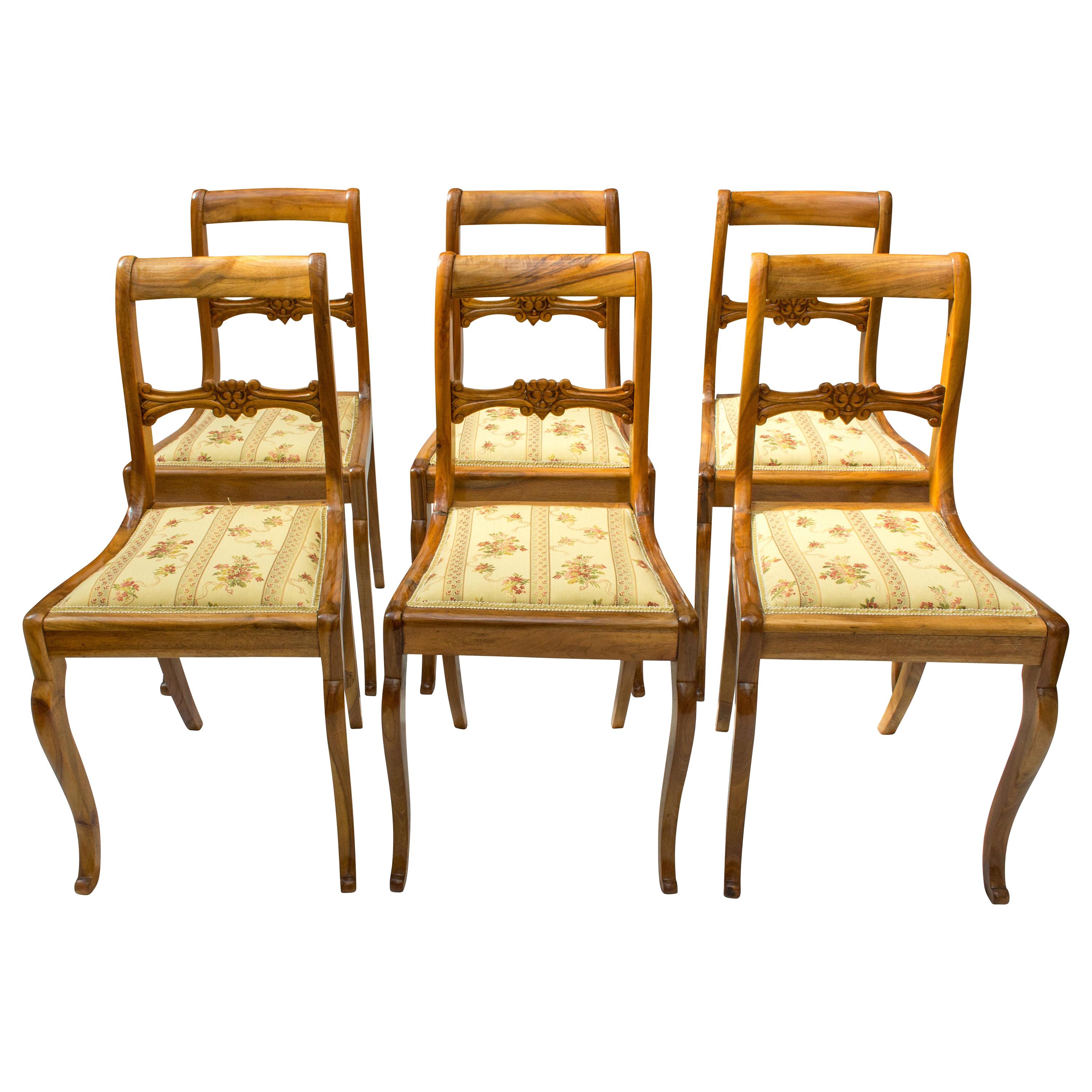 19th Century, Set of Six Solid Walnut Biedermeier Chairs For Sale