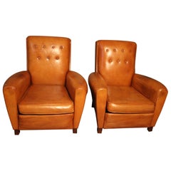 Pair of 1930s French Leather Club Chairs, Cognac Color