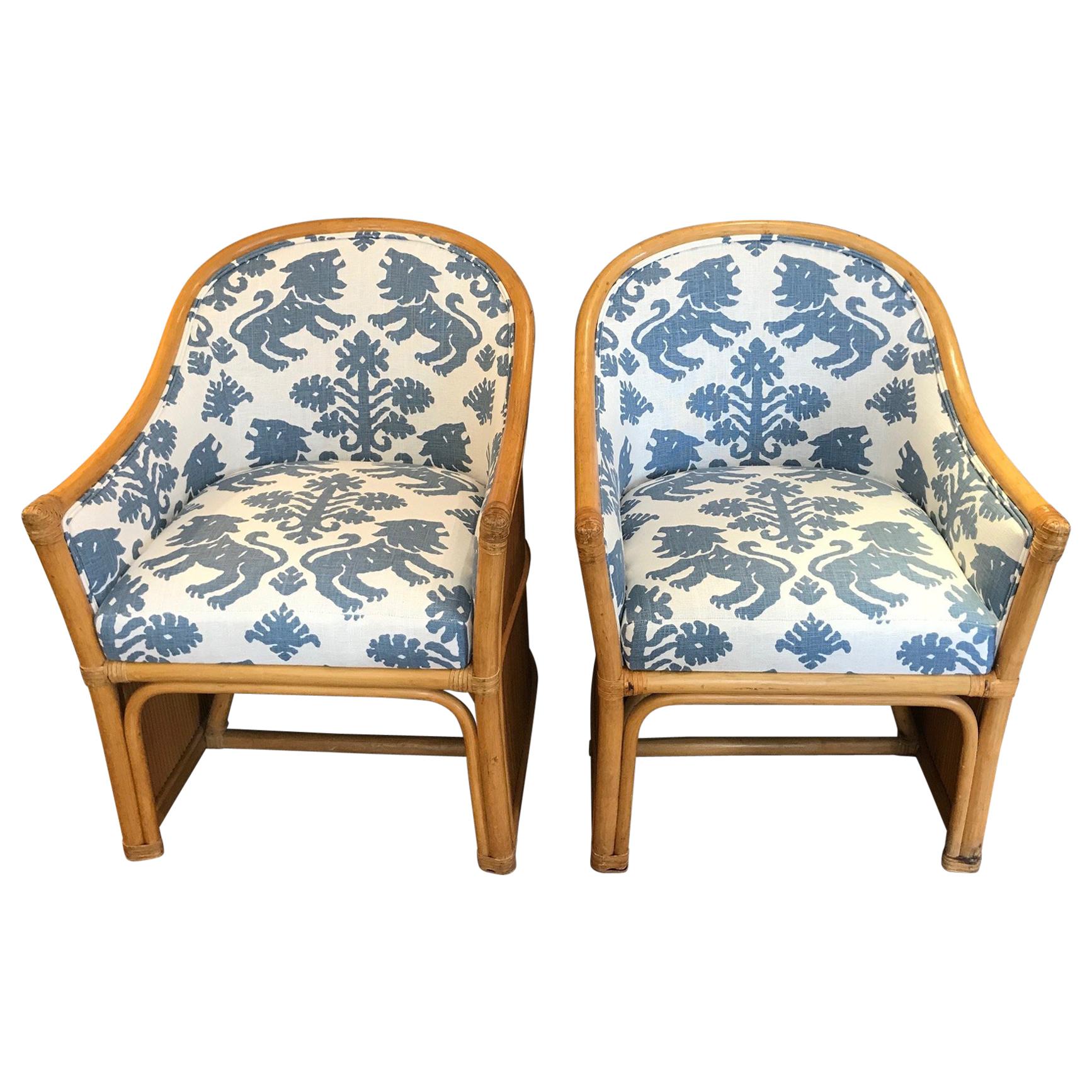 Pair of Vintage Barrel Shaped Bamboo Club Chairs with Schumacher Upholstery
