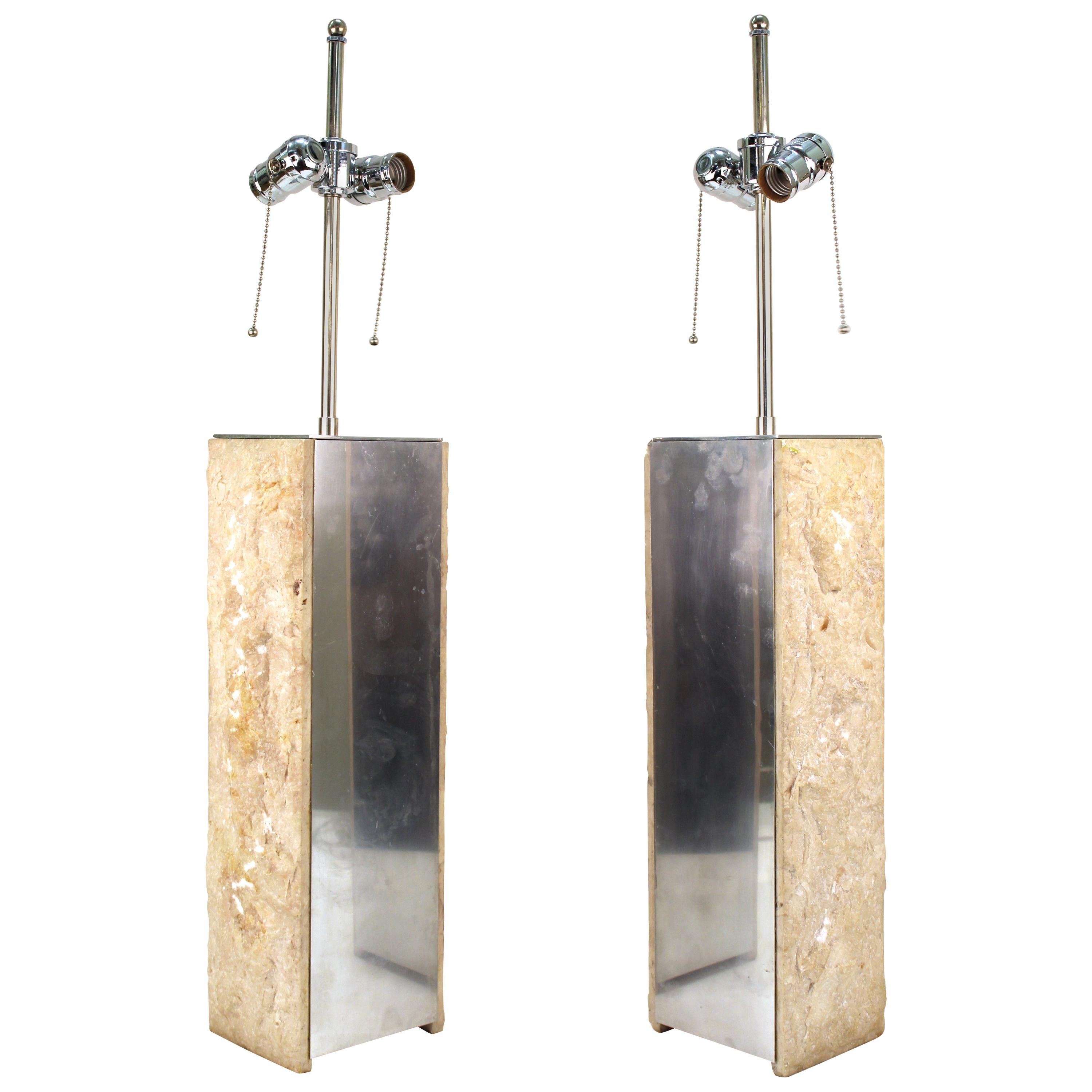 Modern Brutalist Style Table Lamps in Metal and Stone