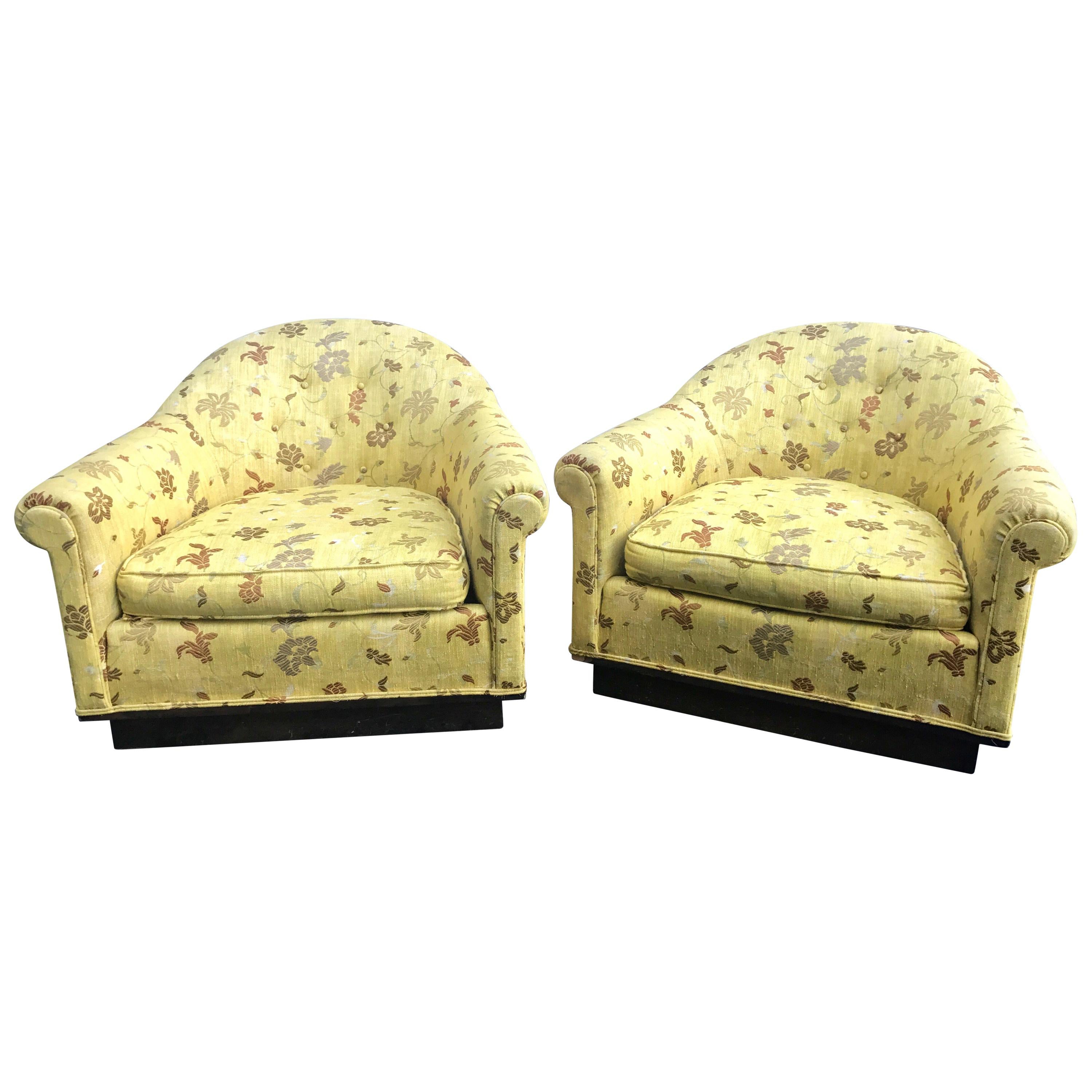 Pair of Milo Baughman Style Yellow Gold Scalamandre Midcentury Chairs