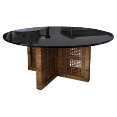 Woven Bamboo/Rattan Round Coffee Table, Smoked Glass Top, Italy, 1960s