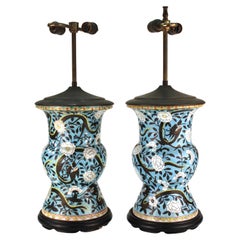 Chinese Qing Dynasty Yen-Yen Dragon Vase Table Lamps in Sky-Blue