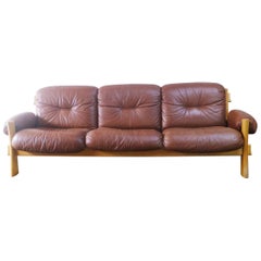 Vintage Danish Mid-Century Modern 1970s Brown Leather and Pine Sofa