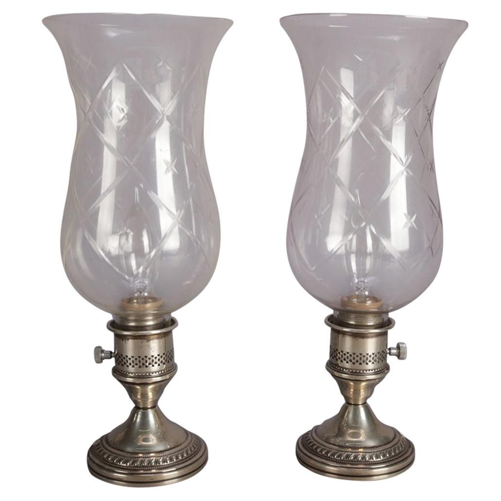 Pair of Crest Silver Co. Sterling Weighted Hurricane Lamps with Etched Shades