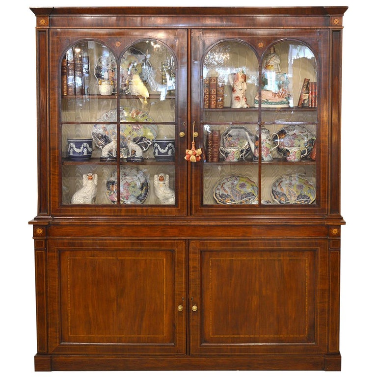 Fine English William IV Mahogany Library Bookcase with Double Arch Glazed Doors
