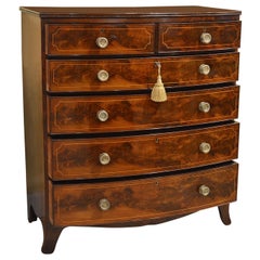 Noble English George III Inlaid Figured Mahogany Bow Front Chest of Drawers