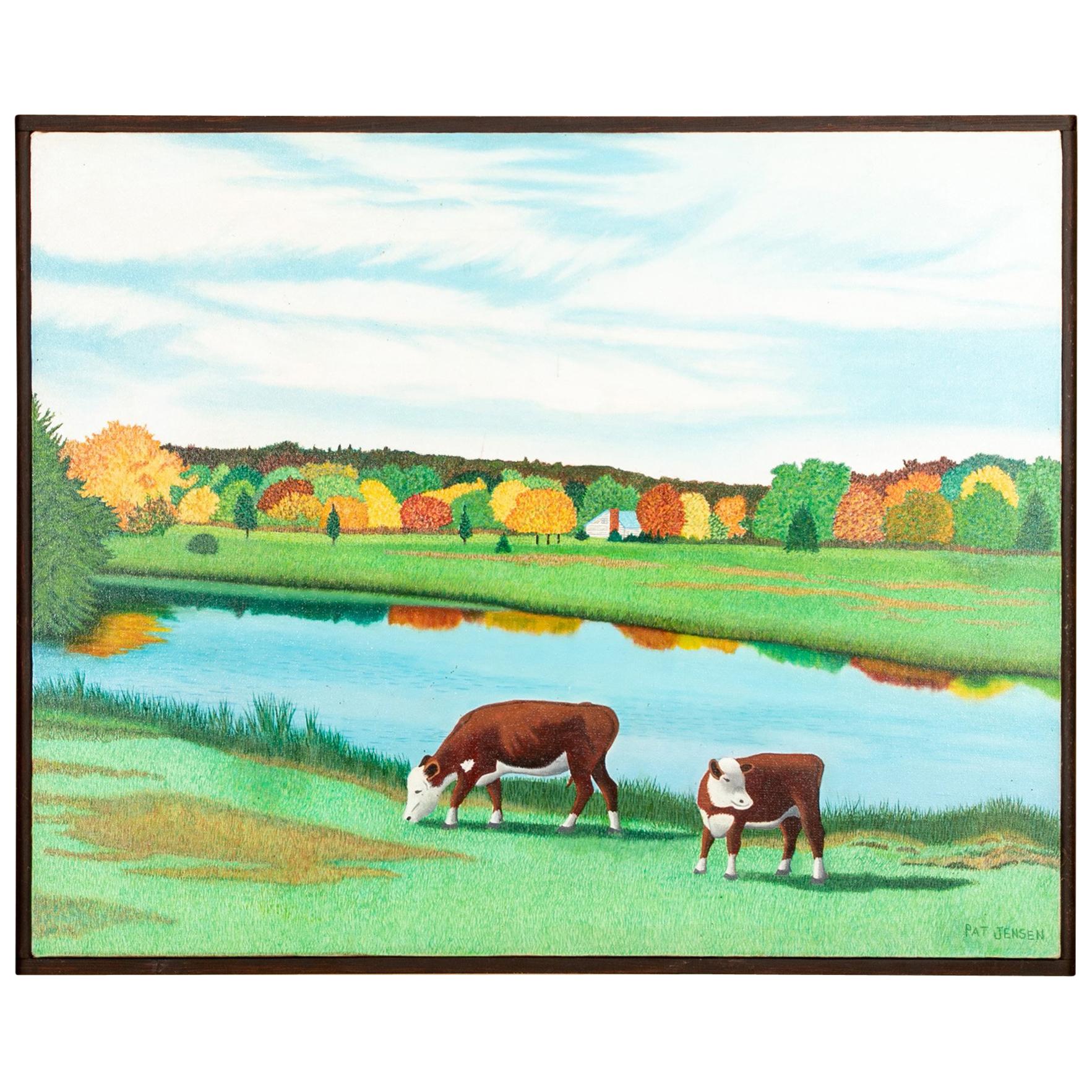Pat Jensen Oil On Canvas, "Pond With Two Cows"