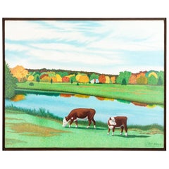 Pat Jensen Oil On Canvas, "Pond With Two Cows"