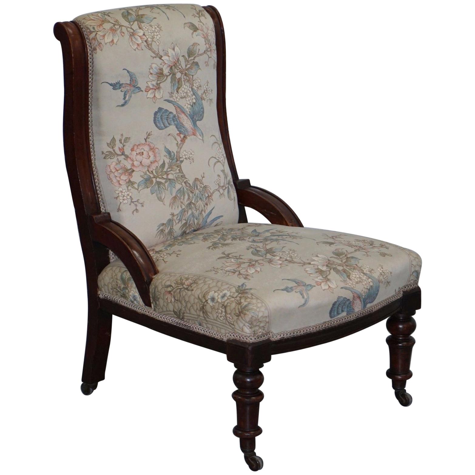 Victorian Mahogany Library Chair Part of Suite Satin Floral and Birds Upholstery