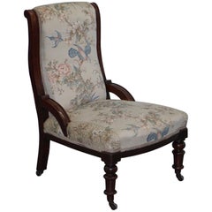 Victorian Mahogany Library Chair Part of Suite Satin Floral and Birds Upholstery