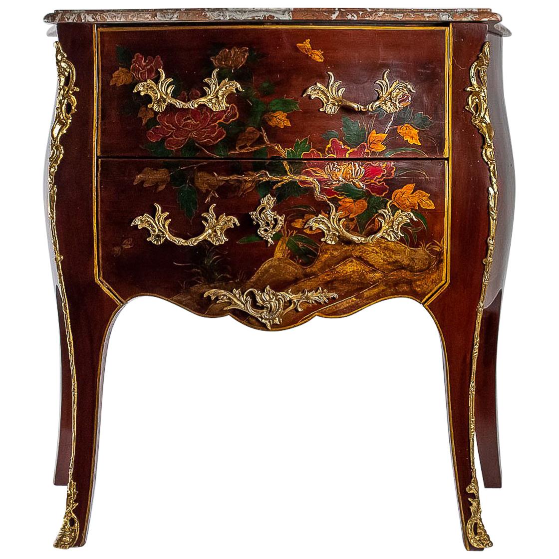 Louis XV Style Early 20th Century Lacquer Commode Flowers and Chinoiserie Scenes For Sale