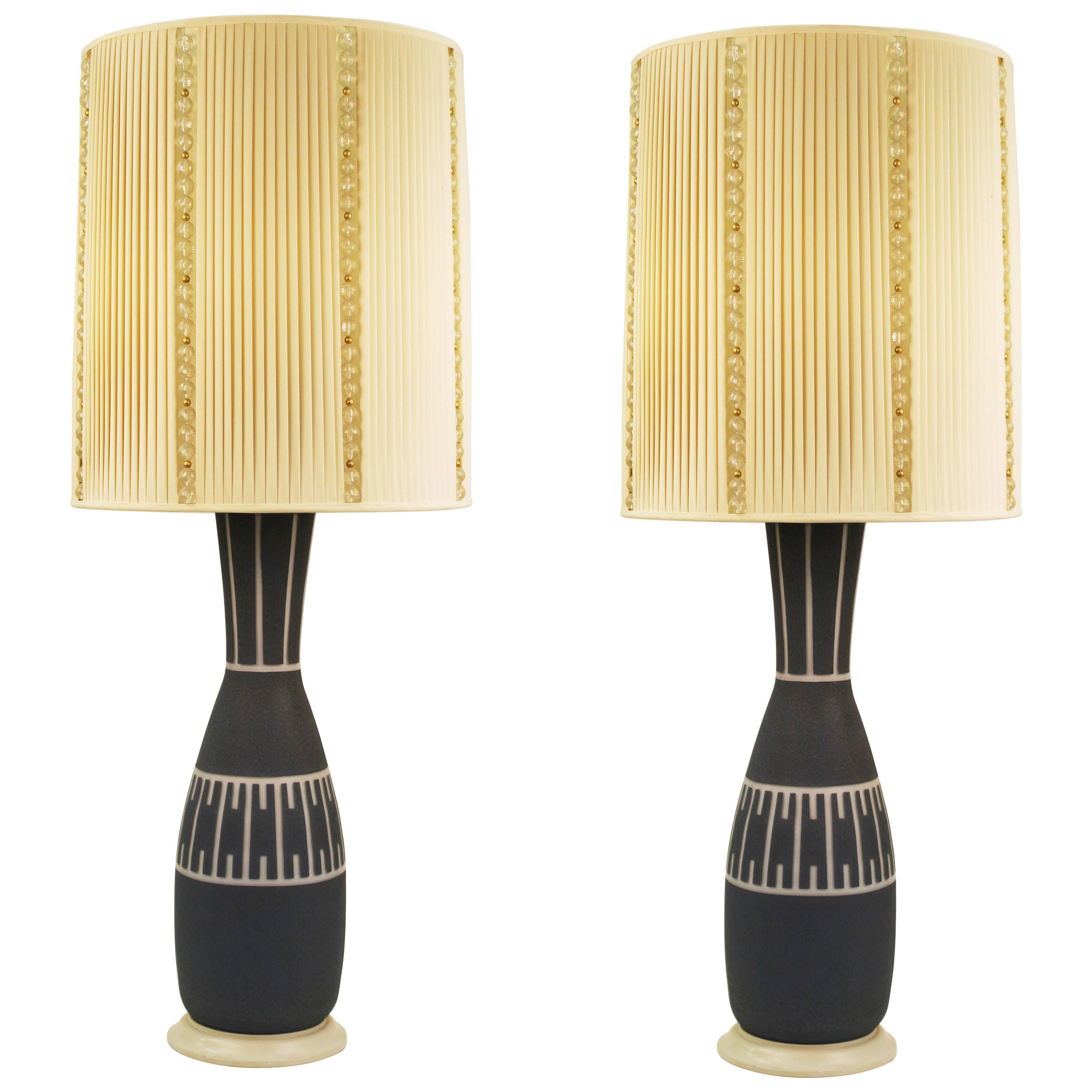 Mid-Century Modern Table Lamps with Illuminated Base in Blue and Milk Glass