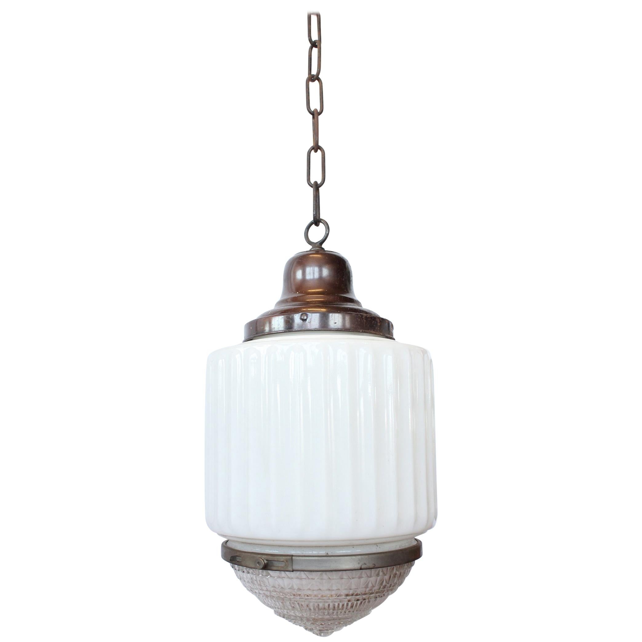 Antique Department Store Milk Glass Pendant Light, Three Available For Sale