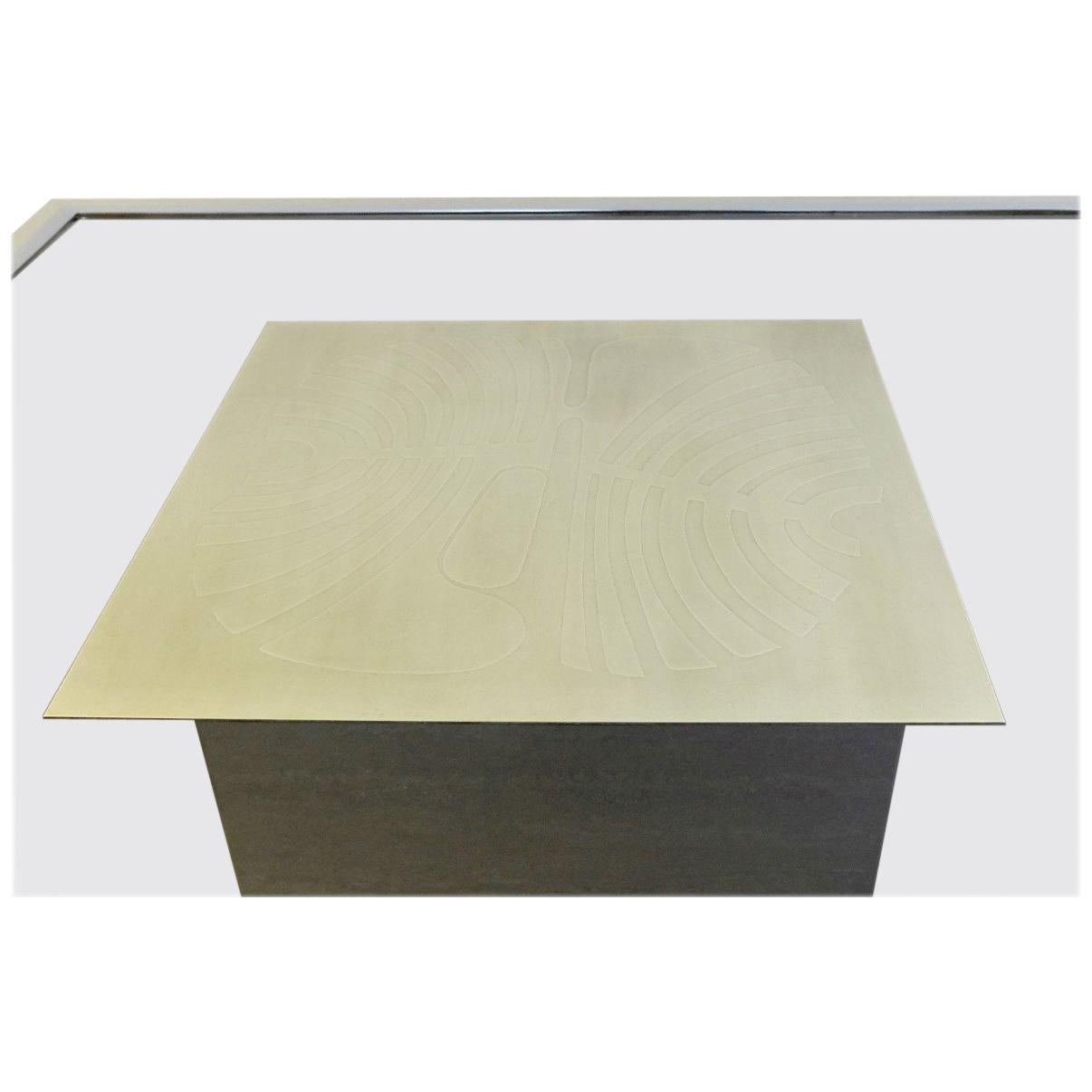 Table in Smoked Glass, Travertine, Chrome and Brass Top by Roger Vanhevel