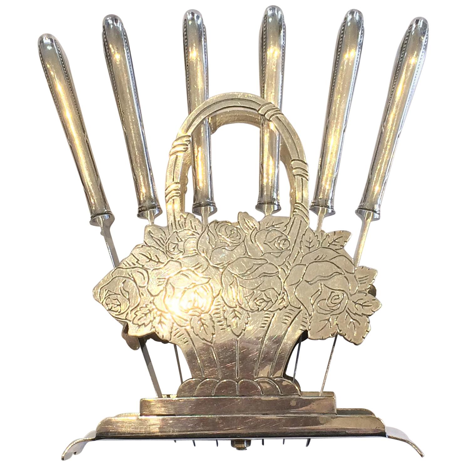 Art Deco German Silver Plate Fruit Knives in Stand Holder For Sale