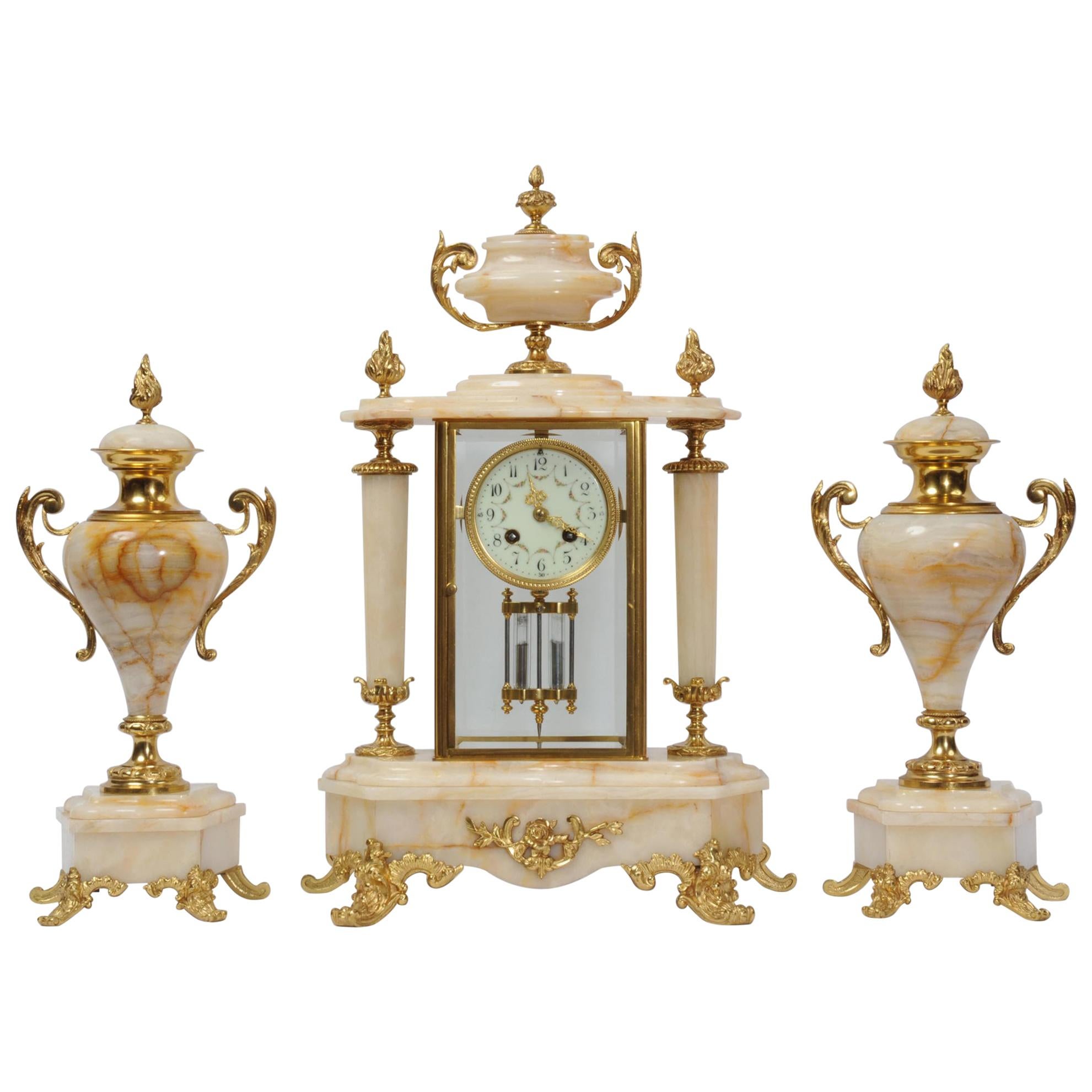 Antique French Four Glass Crystal Regulator Clock Set in Onyx and Ormolu