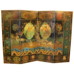 Antique Stuart Travis Art Deco Painted Asian Style Folding Screen with Bird Scenery