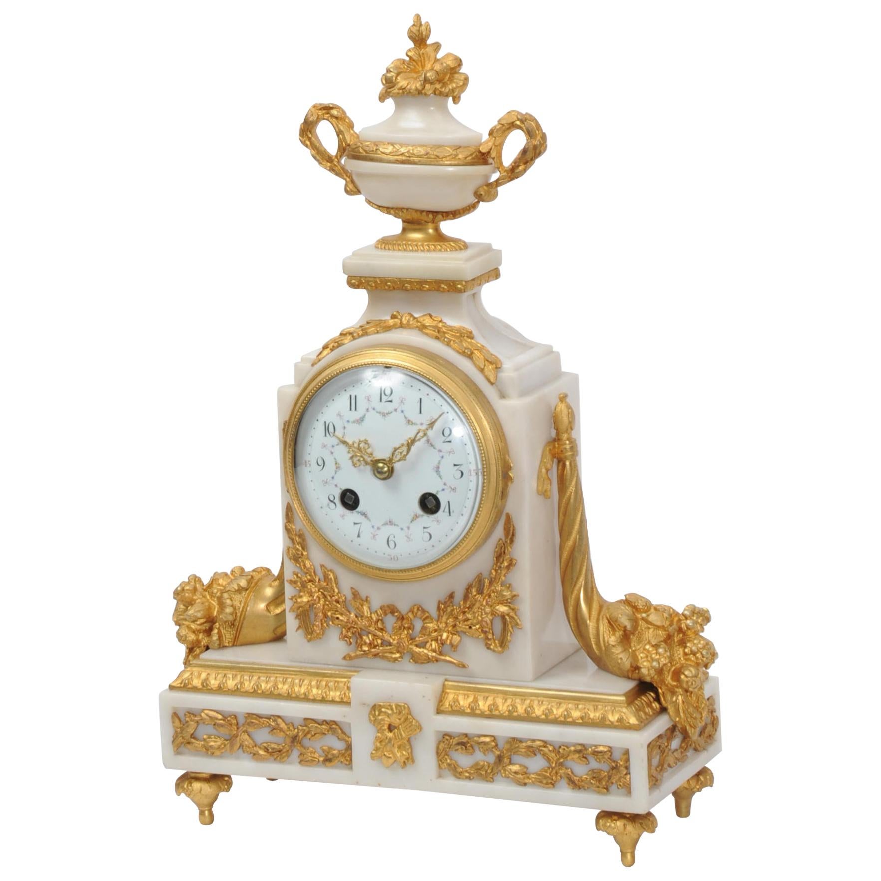 Antique French White Marble and Ormolu Boudoir Clock