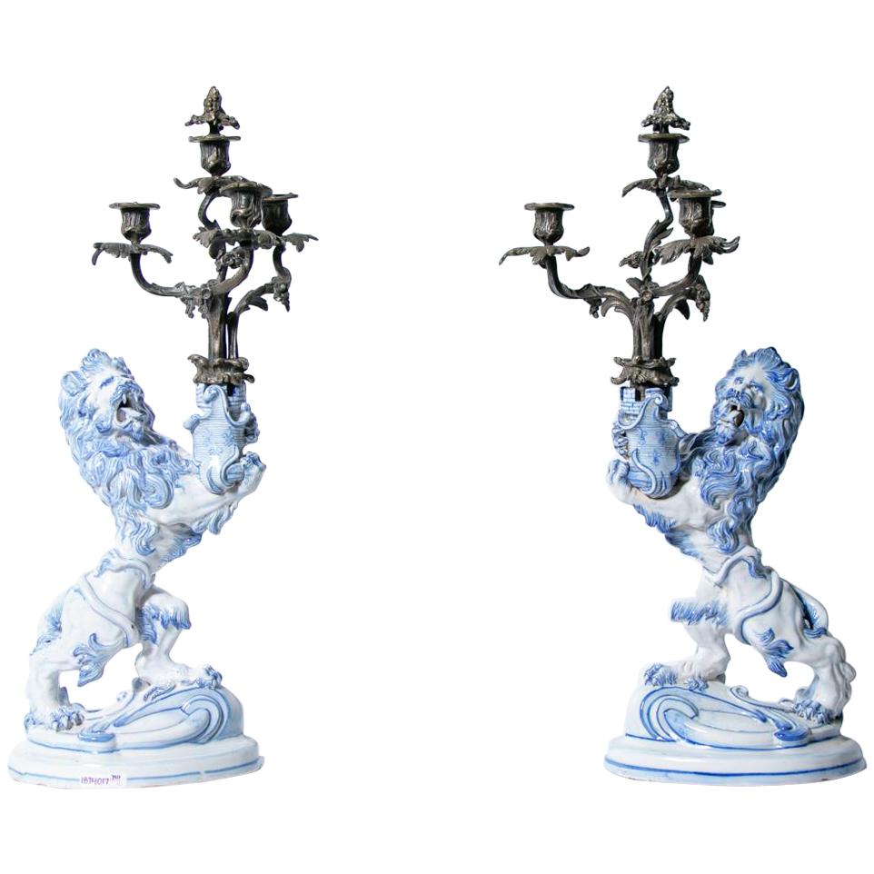 Pair of 19th Century Galle Faience Lion Candleholder with Silver Candelabra
