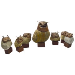 Seven-Piece Collection Brutalist Owls with Copper Heads and Feet with Stone Body